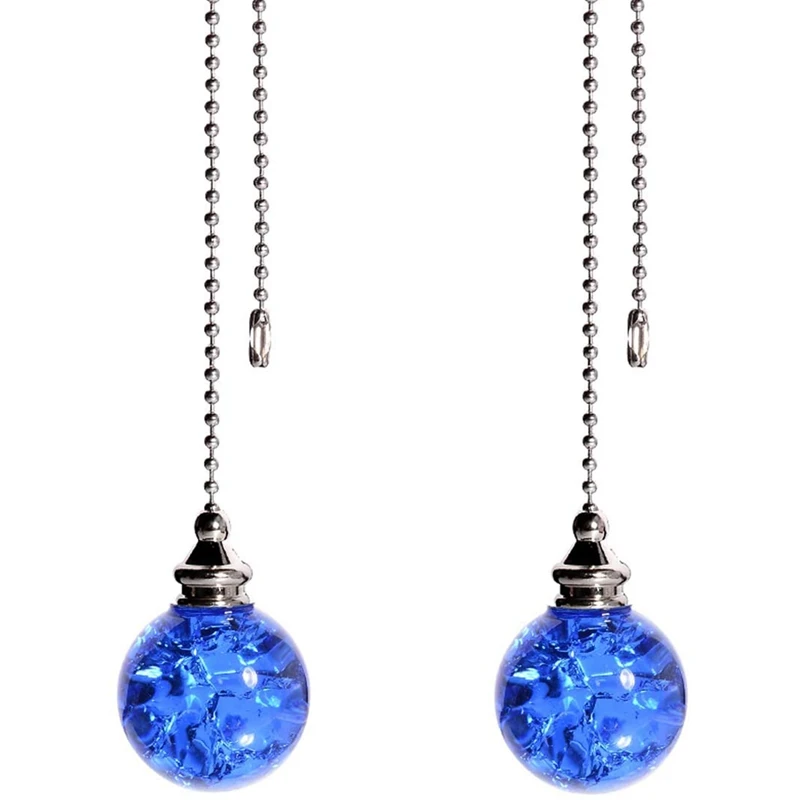 2PCS Blue Pull Chain Crystal Glass Ice Cracked Ball Pull Chain For Ceiling Fan Light Decoratio 50Cm Extension Chainn