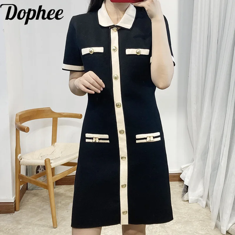 

High Quality 2024 New Summer Turn-down Collar Short Sleeve Knitting Dress Women Elegant Colorblock Single-breasted Mini Dress