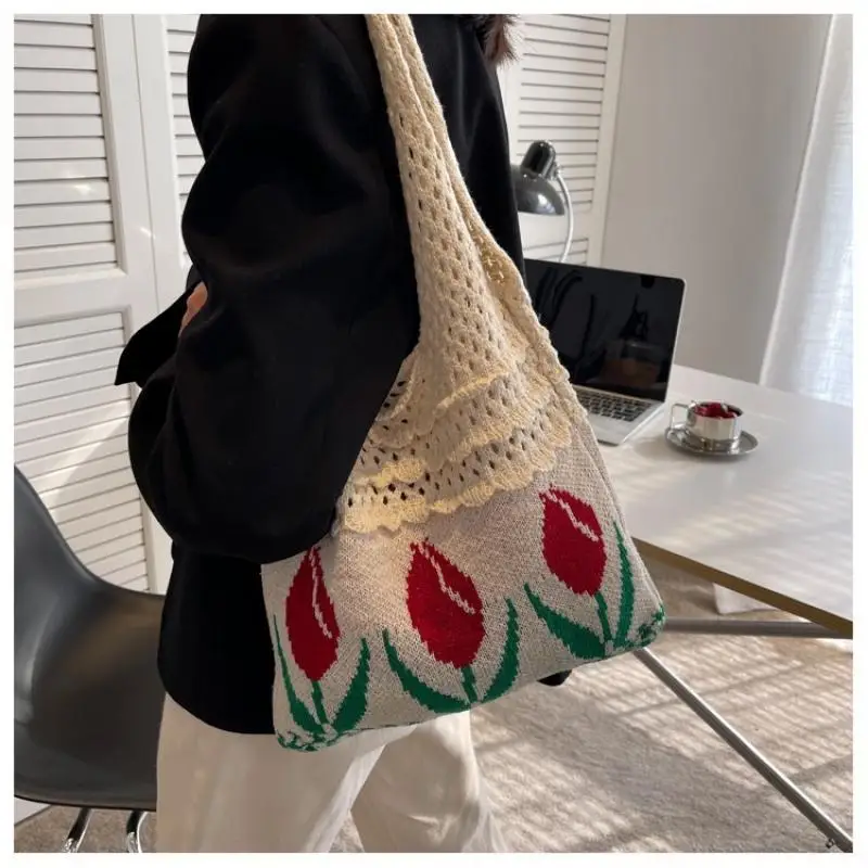 Fashion Tulip Pattern Knitted Shoulder Bags Casual Large Capacity Tote Bags Women's Handbag Female Travel Woven Shopper Bags