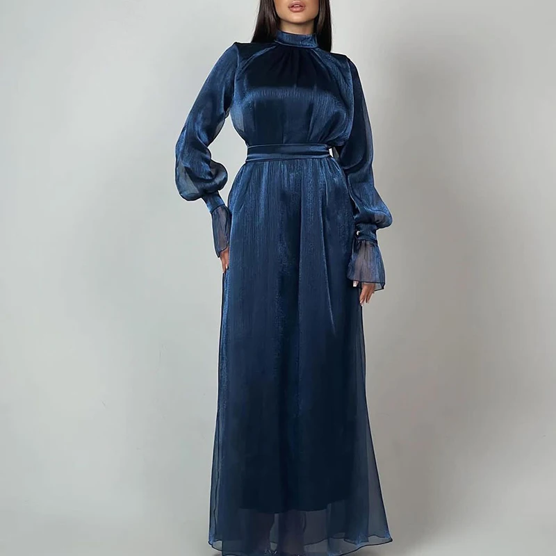 

New Early Autumn Women Half High Collar Banquet Dress Elegant Temperament Long Dresses Fashion Shiny Silk Slim Puff Sleeve Dress