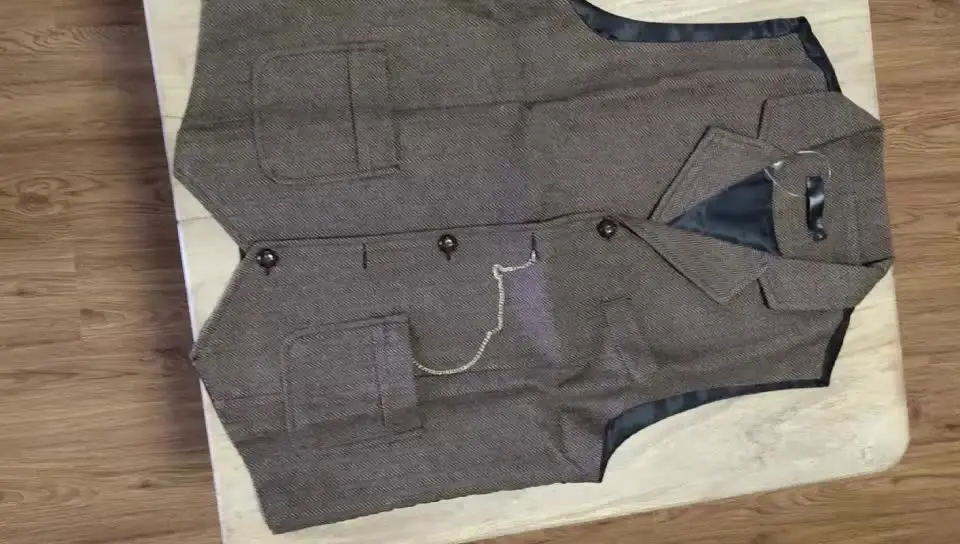Gilet da uomo con catena con risvolto retrò Moda a spina di pesce Tasche in tweed grosso Gilet da abito British Casual Vintage Gentleman Leisure Party