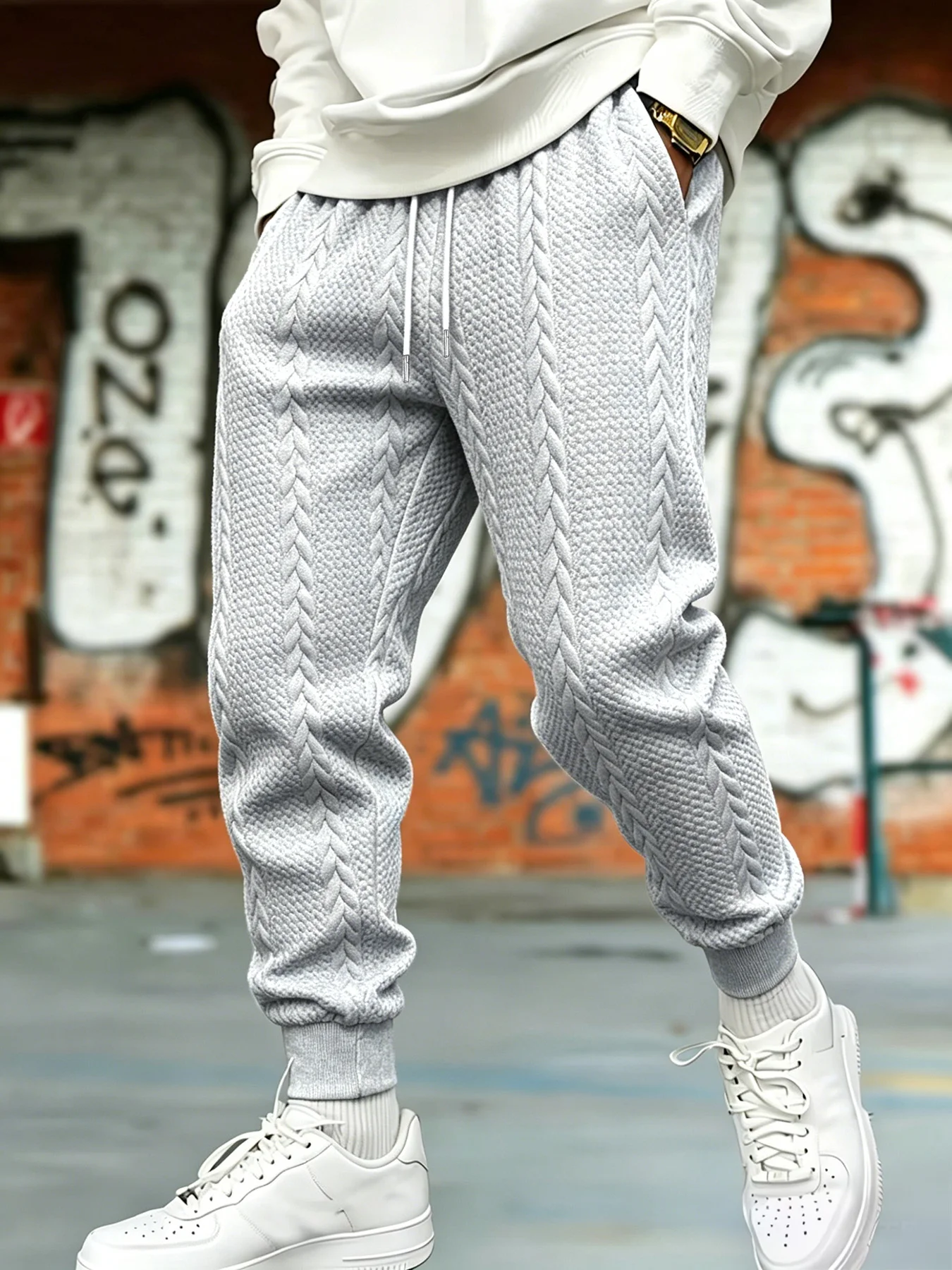 Men Cable Knit Jacquard Jogger Pants Loose Elastic Waist Drawstring Trousers Textured Sweatpants With Side Pockets