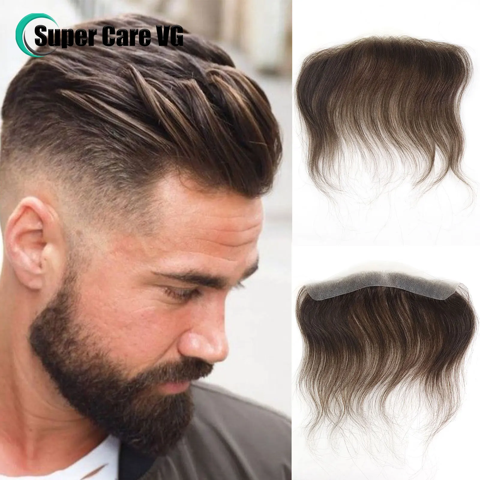 0,06 mm braunes gerades Herren-Toupet im V-Stil, frontaler Haaransatz für Männer, 15 cm Echthaar, ultradünne Haut, PU-Herren-Kapillarprothese