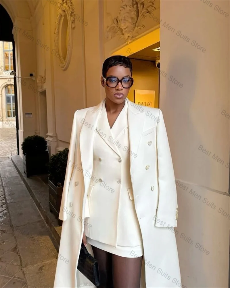 Weißes Damen-Anzugrock-Set, 3-teilig, langer Mantel + Blazer + Ballkleid, formelle Bürojacke, maßgeschneiderter Hochzeits-Smoking-Baumwollmantel