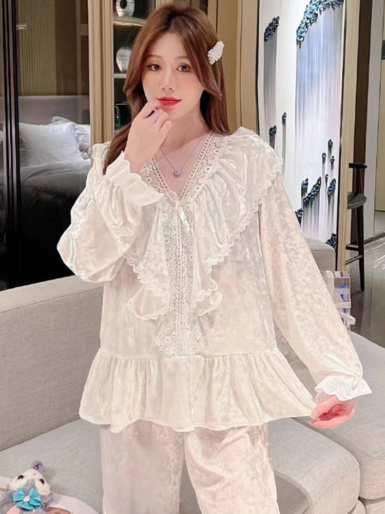 Sweet Loose White Pajamas Suit Women Spring  Autumn Gold Velvet Ruffled Lace Long-Sleeved Top+Pants Korean Fashion Home Clothes