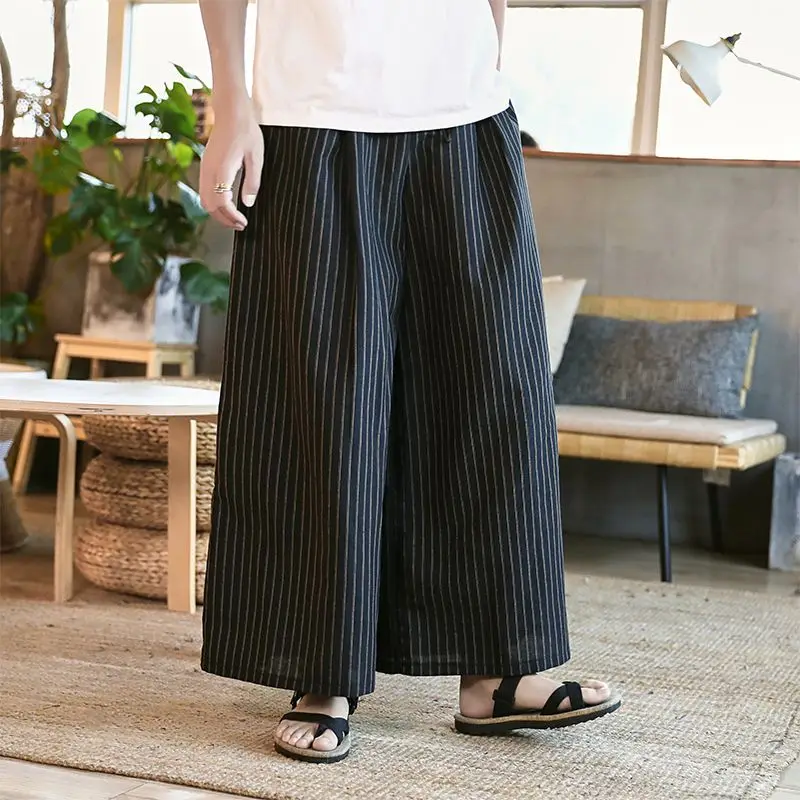 5 Colors Harajuku Cotton Linen Pinstripe Breathable Straight Pants Men's Streetwear Fashion Elastic Waist Loose Casual Skirts