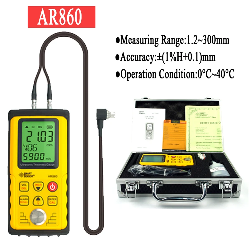 SMART SENSOR AR860 Ultrasonic Thickness Gauge Digital Industry Metal Measuring Range: 1.0 to 300mm (steel) Sound Velocity Meter