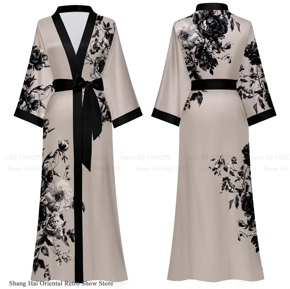 

Elegant Print Flower Women Long Robe Loungewear Silky Satin Kimono Bathrobe Gown Spring Autumn New Sleepwear Home Dress Negligee