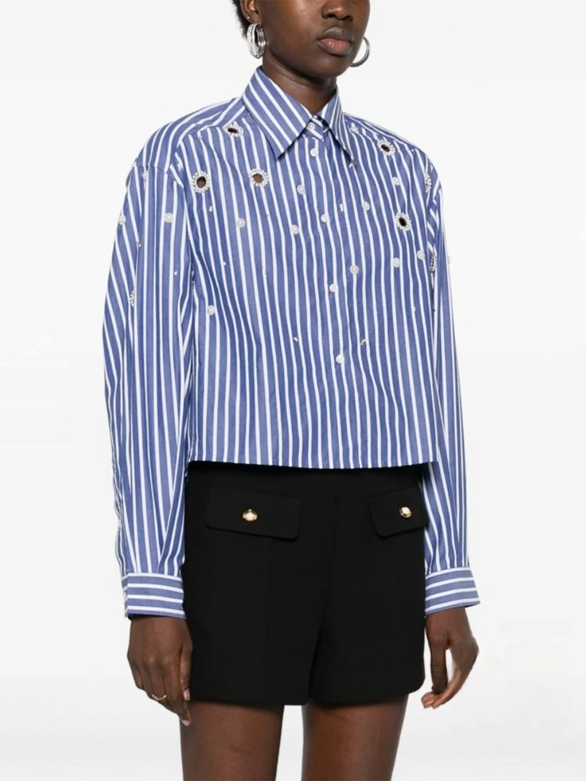 

Qinglan Spring New Women's Hollow out Diamond Decorated Pearl Striped irt Top OL Sle Straight Cut Long Sve Button down