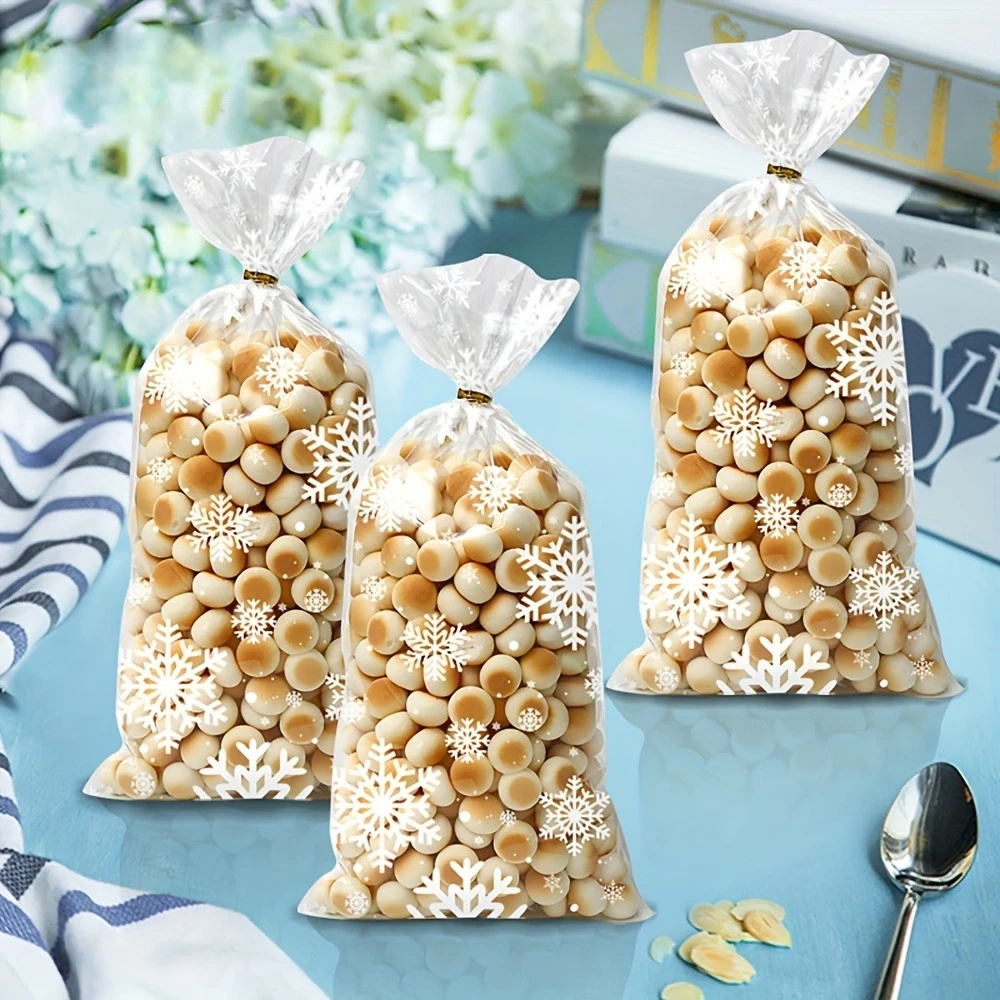 50/100 Stück Schneeflocken-Design, durchsichtige OPP-Kunststoff-Geschenktüten für Weihnachten, einfache, vielseitige weiße Schneeflocken-Partygeschenkverpackung
