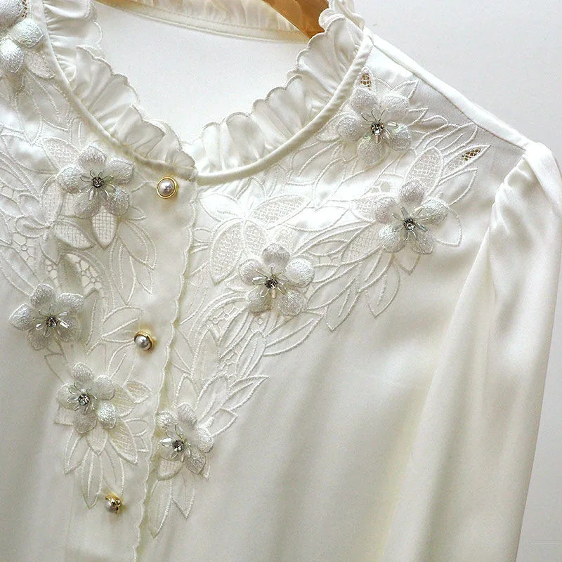 Women Satin Elegant Chic Ruffle Lace Flower Beads Button Shirts Fashion Vintage Sexy Hollow White Long Sleeve Loose Blouses Tops