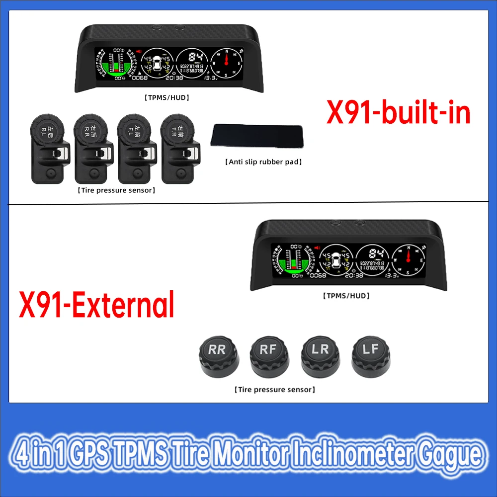 

4 in 1 GPS TPMS Tire Monitor Inclinometer Gague Car Compass TPMS Smart Slope Meter Internal and External Head-up Display