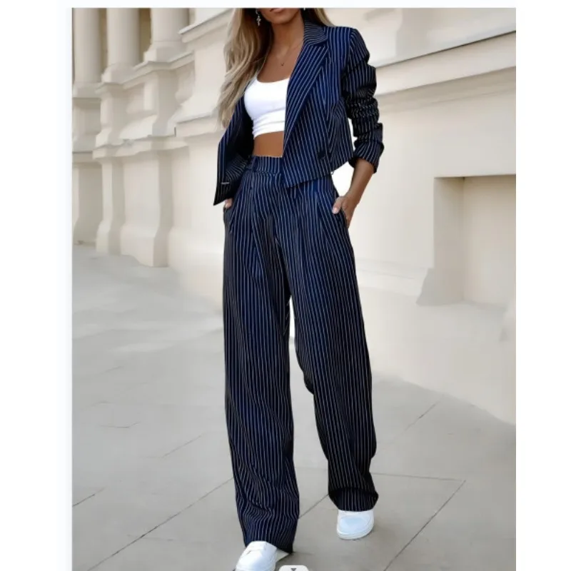 New Temperament Design Spring Summer Women\'s Clothing Temperament Leisure Striped Short Style Lapel Suit Straight-Leg Pants Suit