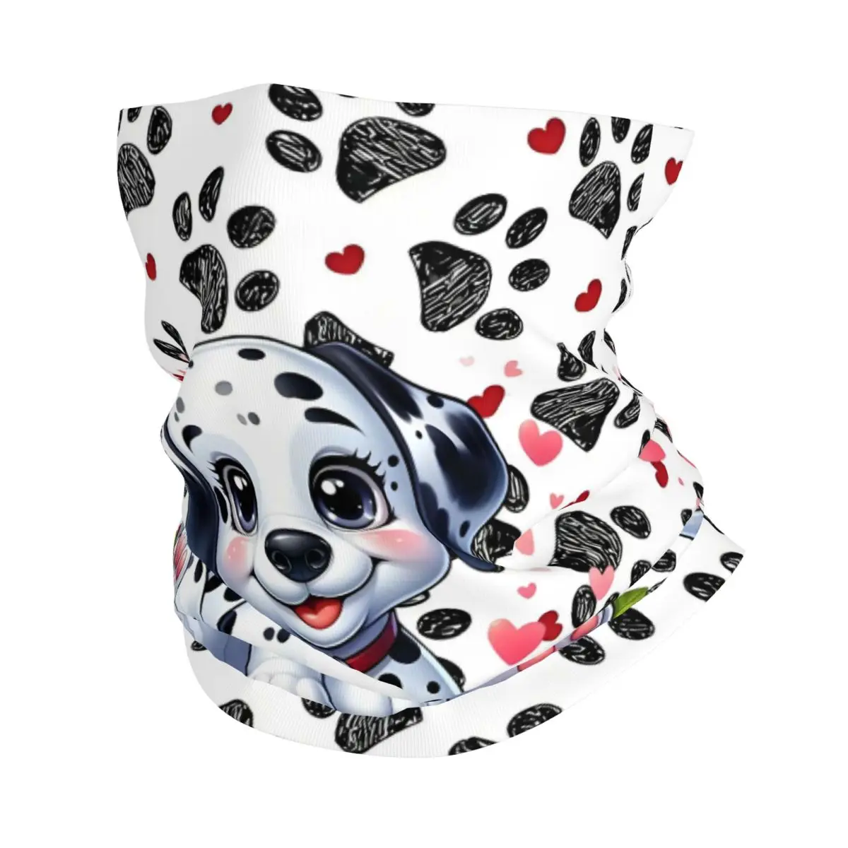 

Custom Dalmatians Paw Prints Hearts Anime Bandana Neck Gaiter for Ski Hunting Men Women Wrap Scarf Cartoon Dog Headband Warmer