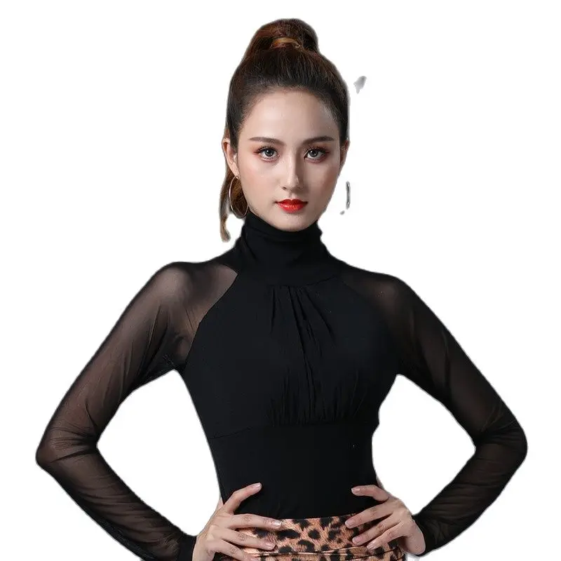 

High Neck Latin Dance Top For Women Fringe Ballroom Standard Dance Stretch Long Sleeve Dance Practice Costume Female Adult Top