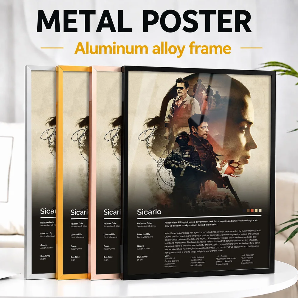 Sicario Movie Framed Aluminum Metal Poster Customized Screen Tribute Wall Art Ideal For Entertainment Lounge Or Story Lovers