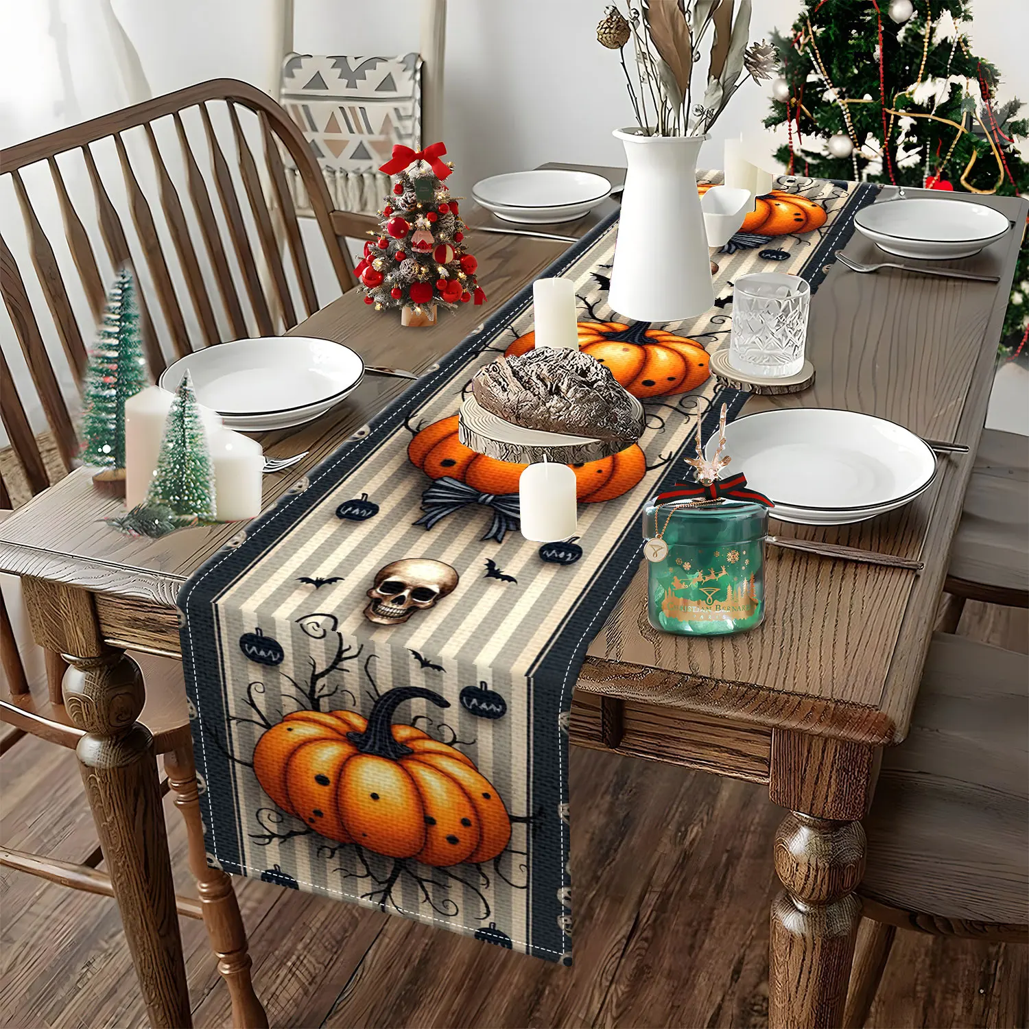قطعة واحدة من مفرش طاولة الهالوين ذو الطابع الداكن، مزين بأنماط اليقطين والجمجمة والخفافيش، مناسب لحفلات الهالوين والديكورات الداكنة #4