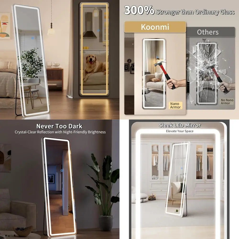 Miroir de sol éclairé sur toute la longueur avec support, miroir corporel éclairé 63x20 pour la maison et la mode