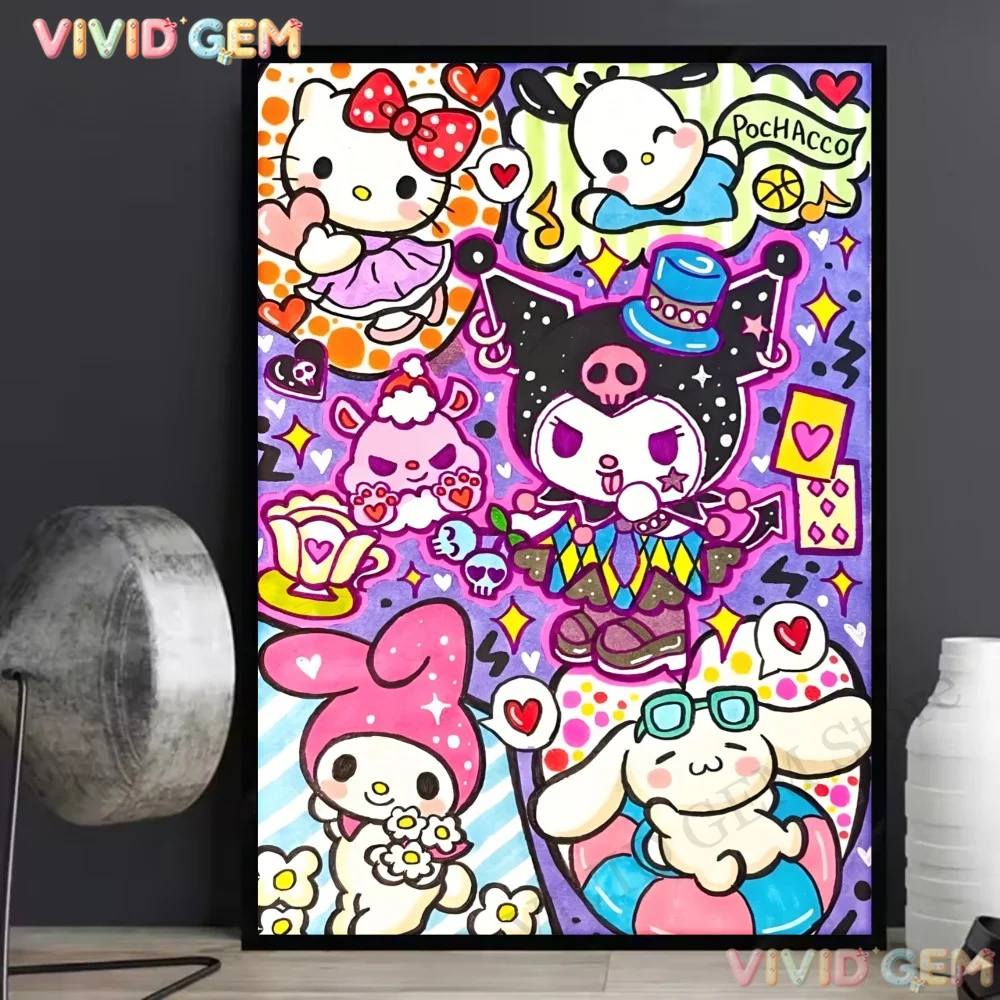 VIVID GEM Sanrio Full Drill Diamond Embroidery Hello Kitty Kuromi Vibrant Kawaii 5D DIY Mosaic Wall Art Gift