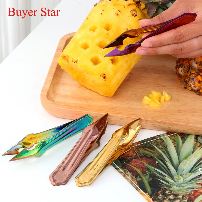 

2pcs/set Gold Fruit serving tools Stainless Steel Pineapple Eye Peeler Cutter Seed Remover Pineapple Knife Clips Kitchen Utensil