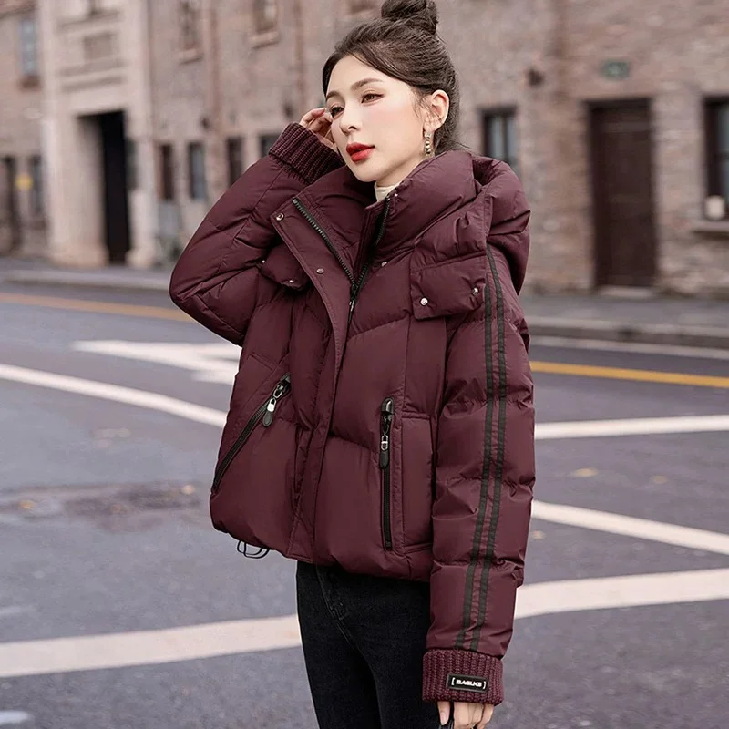 Faionable casual ganso para baixo jaet feminino ort inverno novo solto tamanho pequeno com capuz quente thi pão casaco outerwear