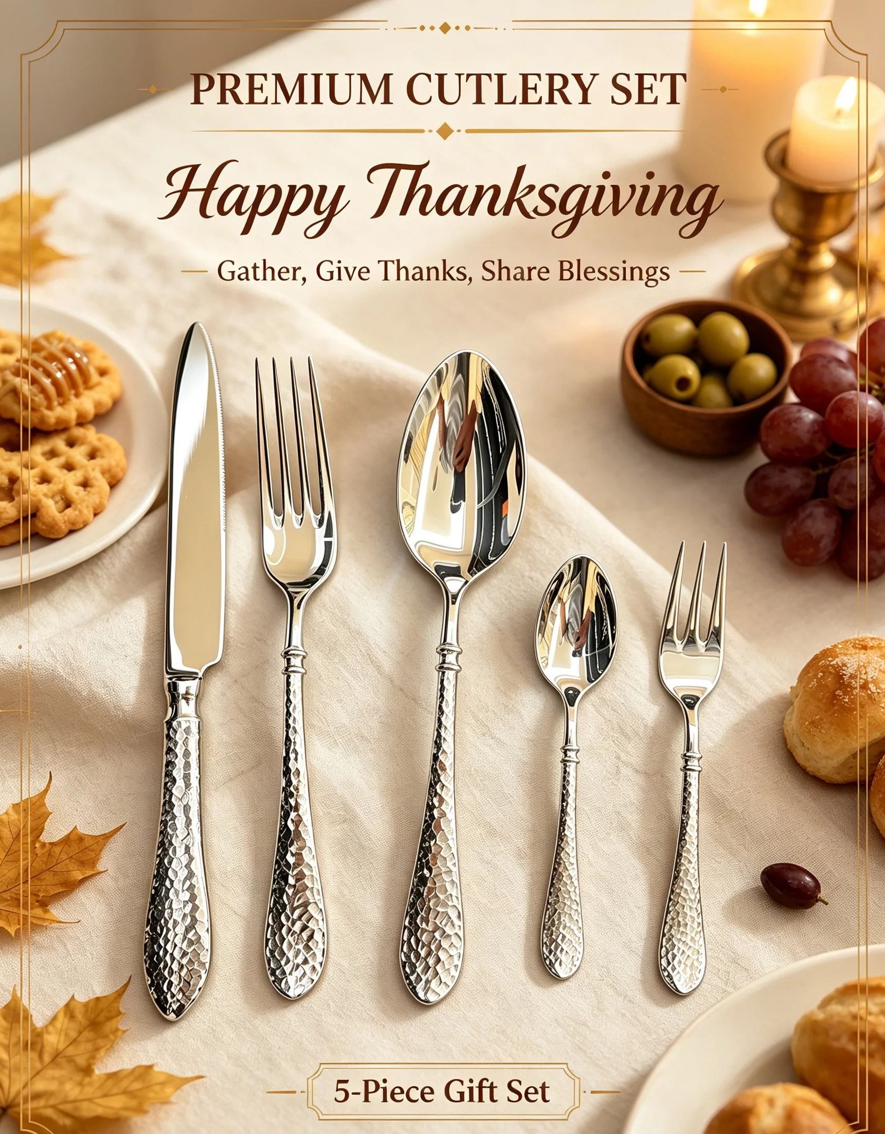 Rattan Pattern Handled 5‑Pcs Cutlery Set 420/304 Stainless Steel Thanksgiving Party Dinner Tableware Gift