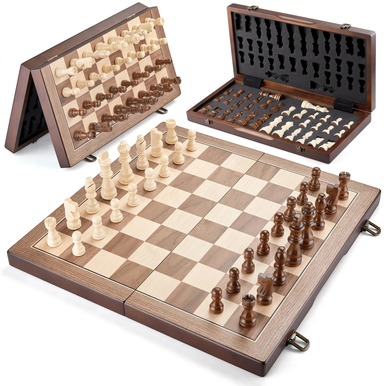 39,37 cm/15,5 Zoll Magnetisches Holz-Schachspiel mit 2 zusätzlichen Dronnen, faltbares, tragbares Reisebrett, geeignet für Turniere – Detail 4