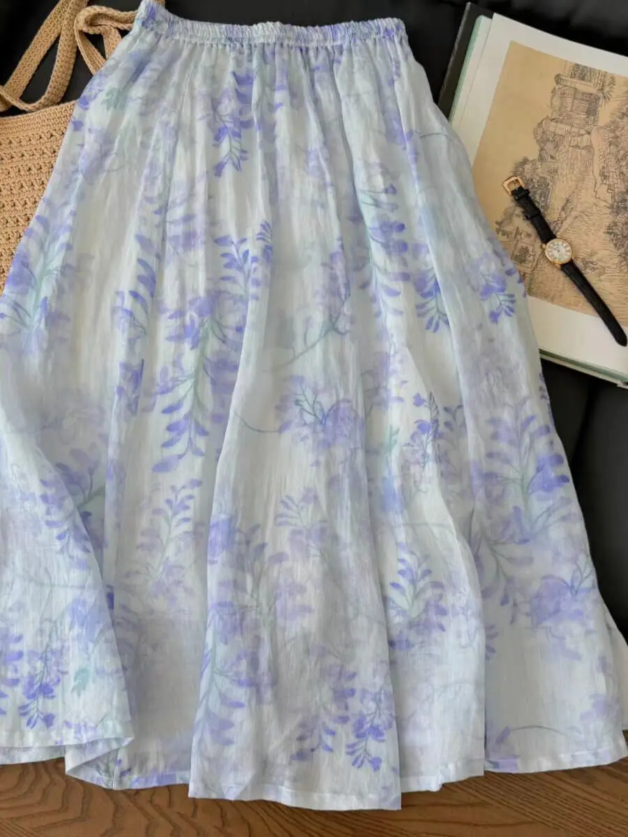 Slimming A-Line Midi Skirt Thin Material No   Silk f-length Fairy Skirt Watercolor Painting Skirt Draped Thin