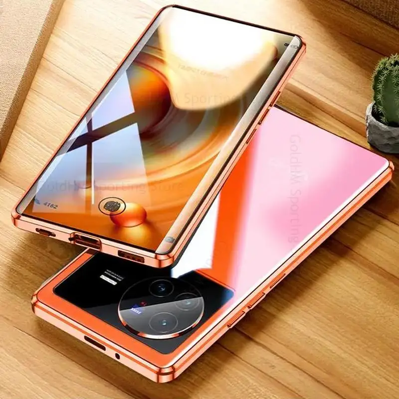 For vivo X80 Pro Magnetic Adsorption 9H Tempered Glass Phone Case For Vivo X70 X80 5G 360 Double-Sided Film Protector Flip Cover
