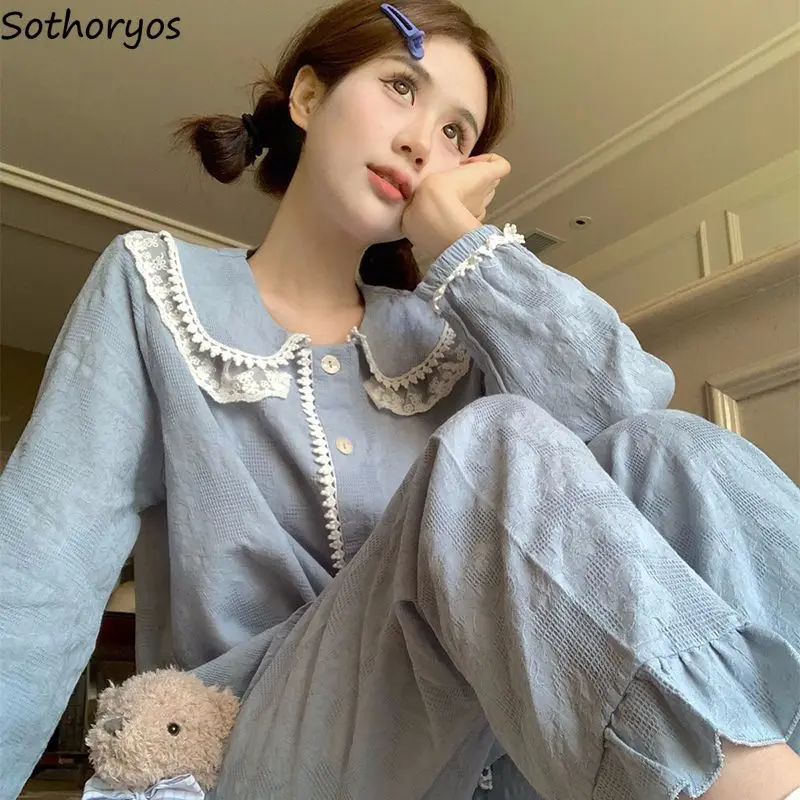 Peter Pan Collar Pajama Sets Women Sweet Soft Lace Design Sleepwear Princess All-match Home Casual Dormitory Chic Korean Fashion