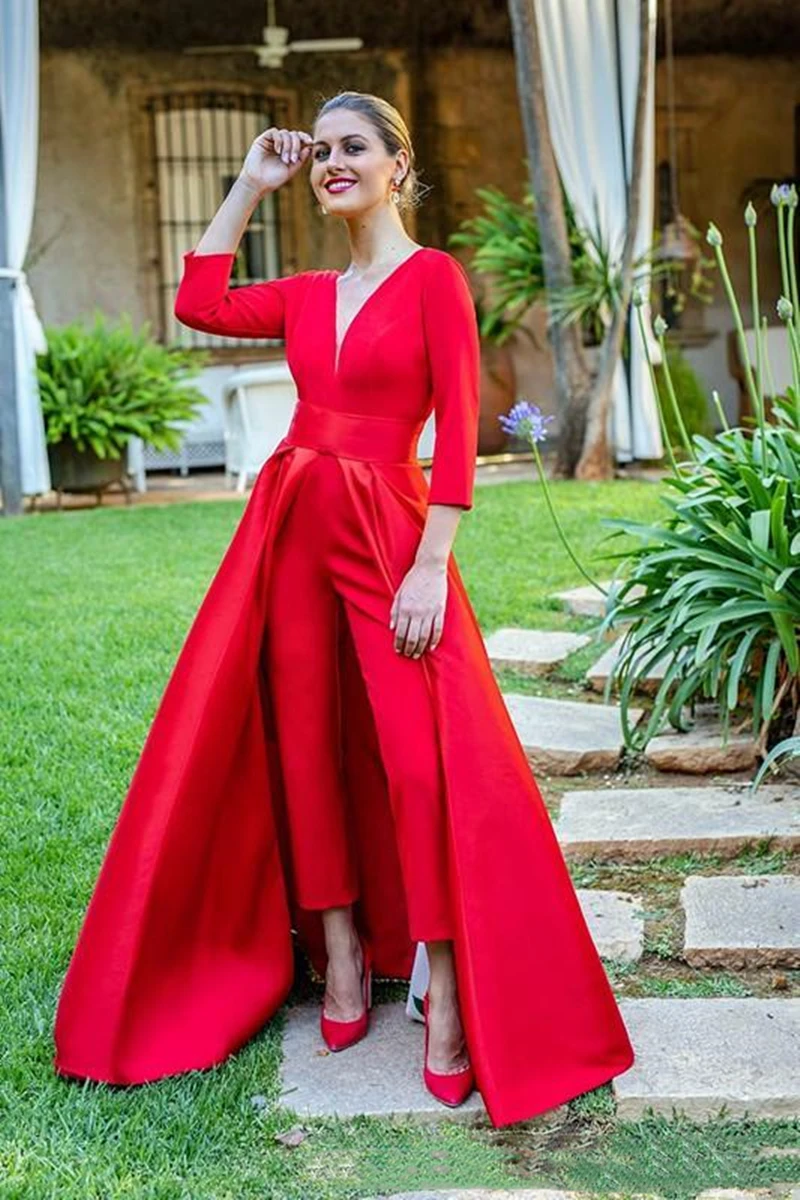 Red Ladies Party Dress Pants Jumpsuit Formal Evening Dress with Detachable Sskirt Sweetheart Ball Gown Vestidos فساتين السهرة