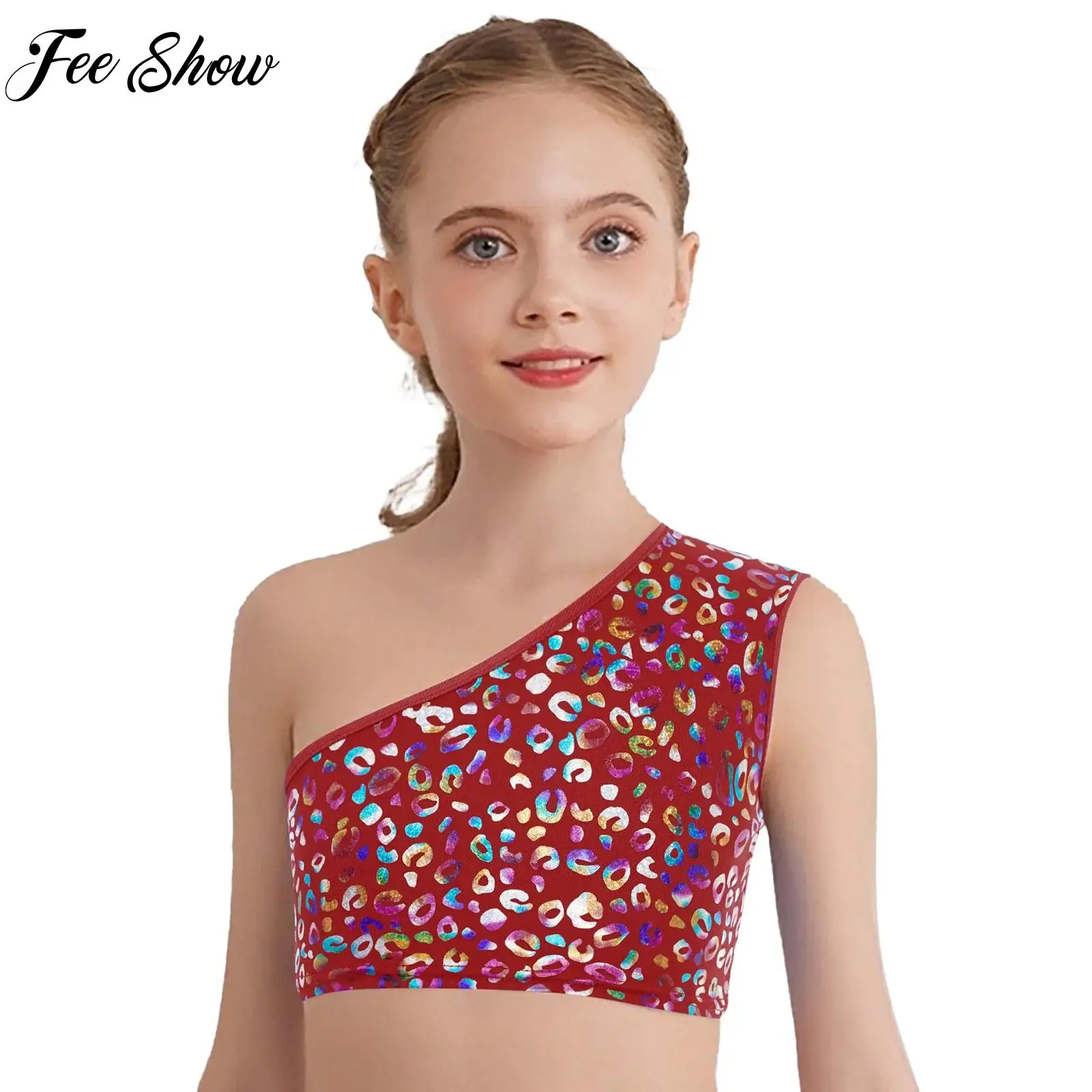 

Girls Boys One Shoulder Jazz Dance Crop Top Cheerleading Stage Performance Costume Metallic Leopard Vest Top Gym Yoga Sportswear