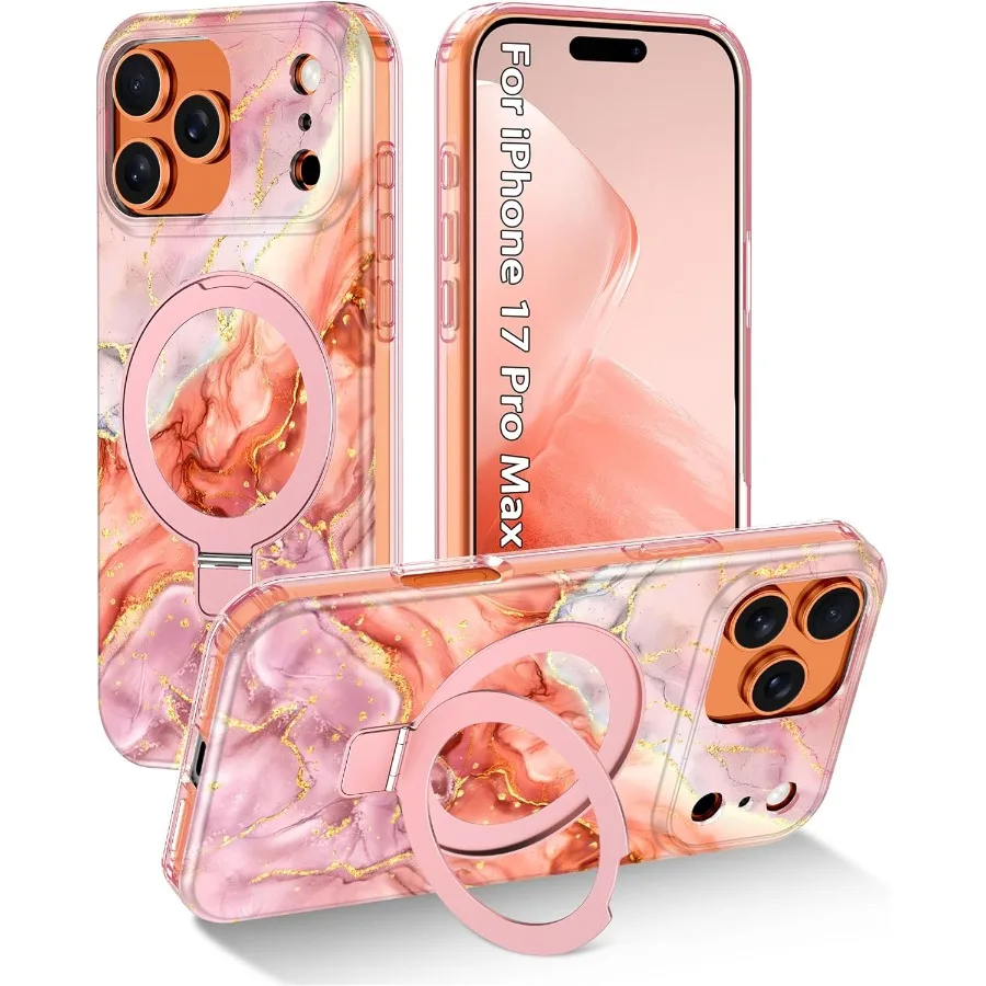 

Slim Shockproof Magnetic Invisible Ring Stand Case for iPhone 17 Pro Max 6.9 inch with MagSafe Compatibility Pink Gold Marble D