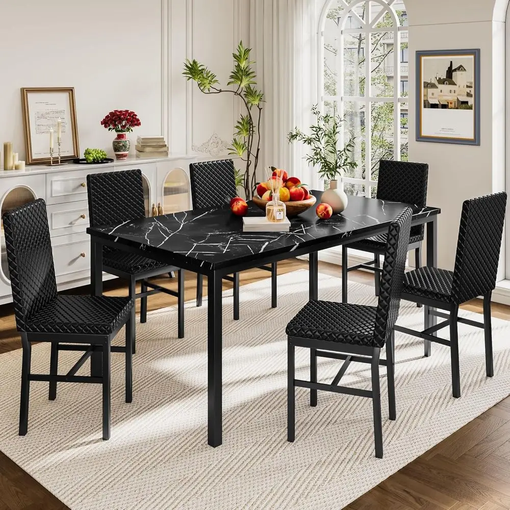 

6-Piece Marble Dining Set with PU Leather Chairs for Small Spaces & Breakfast Nooks in Black