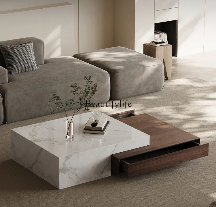 

Italian Minimalist Coffee Table Rectangular Minimalist Modern Small Apartment Stone Plate High-End Affordable Luxury