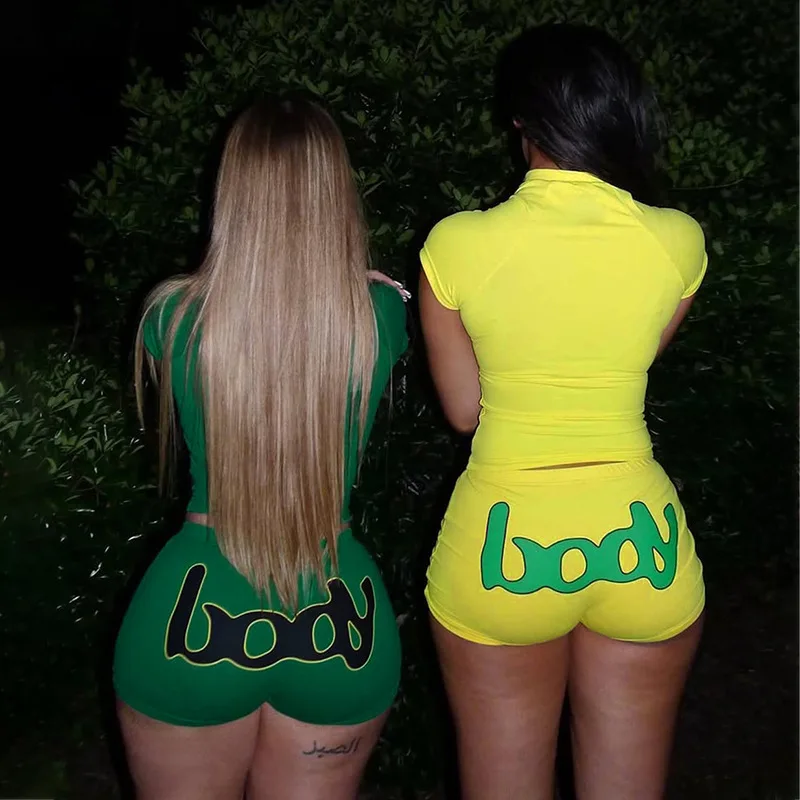 2026 New Summer Letter Printed Shoulder Half Zipper Top Shorts American Sports Street Trend Simple Green Leisure Spicy Girl Set - view 2