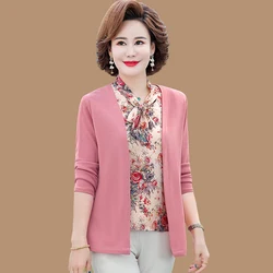 Middle-Aged Mother Shirts Women Tops 2023 New Spring Autumn Long Sleeve T-Shirts Fashion Print Fake Two Pieces Women Outfit 5XL