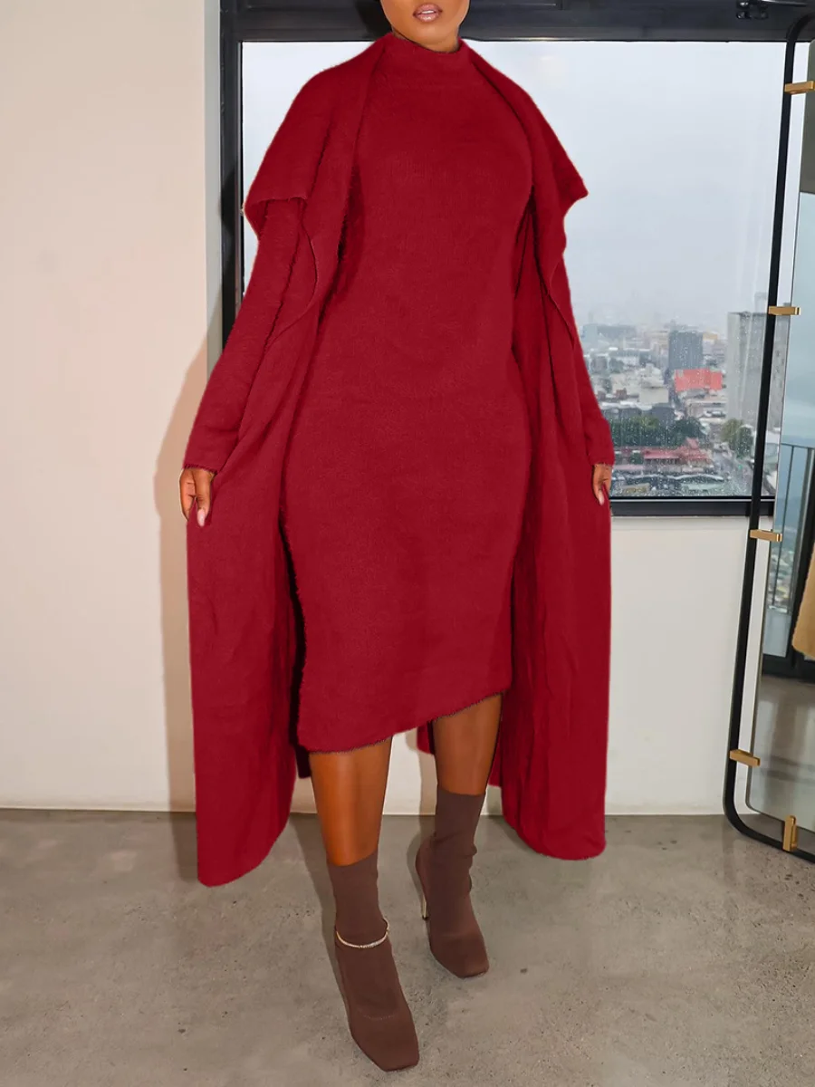LW Plus Size skirt set Basic Solid Color Skinny Skirt Set Autumn winter warm women's matching set long coat + maxi dress sets