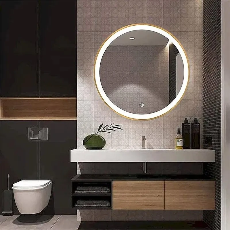 Modern Round Metal Frame LED Light Smart Touch Decorative Makeup Wall Mirror for Bathroom Corridor Hotel Home