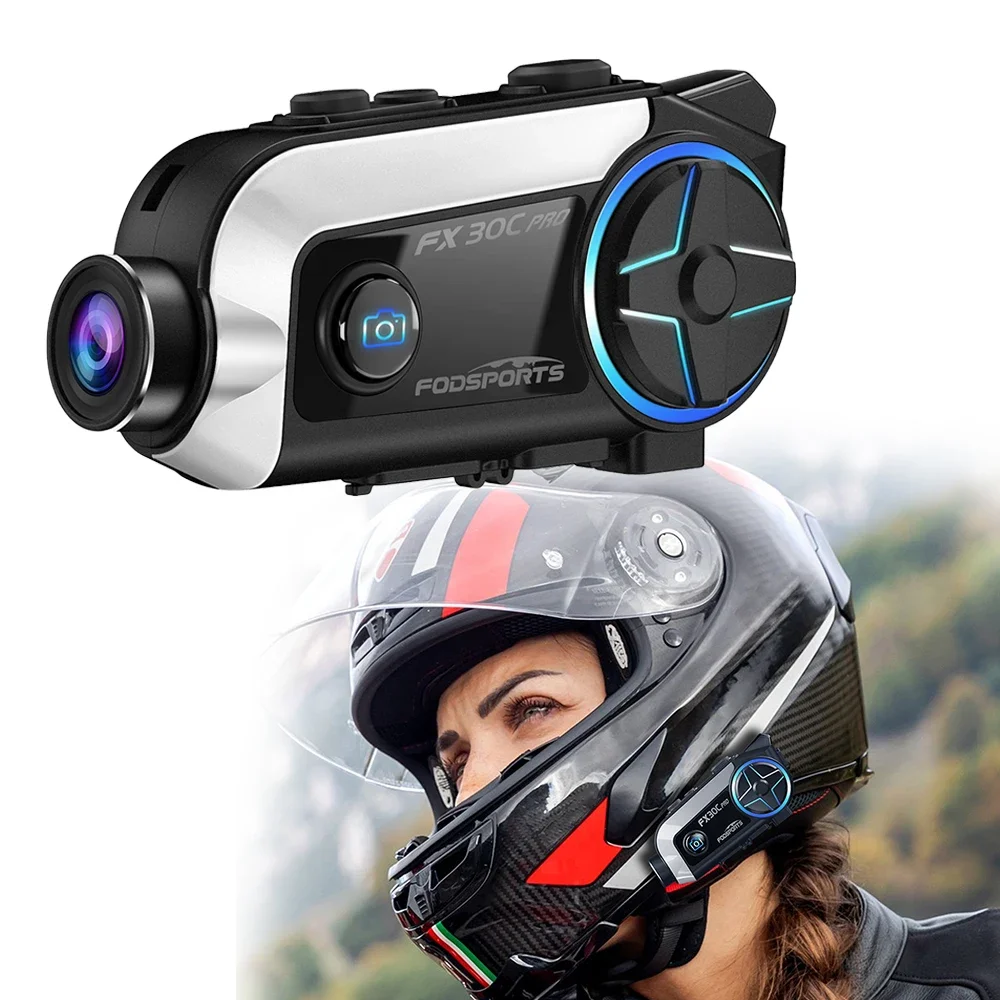 Fodsports-Oreillette Bluetooth FX30C Pro pour moto, appareil de communication pour 2 motocyclistes, intercom avec caméra, musique, pour casque, sauna