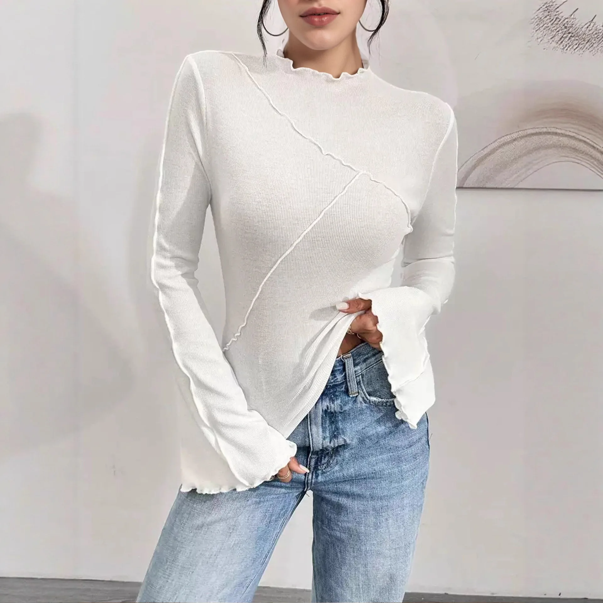 

Faionable Long Sve Base irt Slim Fit Bell Sve Design Sense Wave Collar Top Осенний сезон Ele Faion Женская одежда...