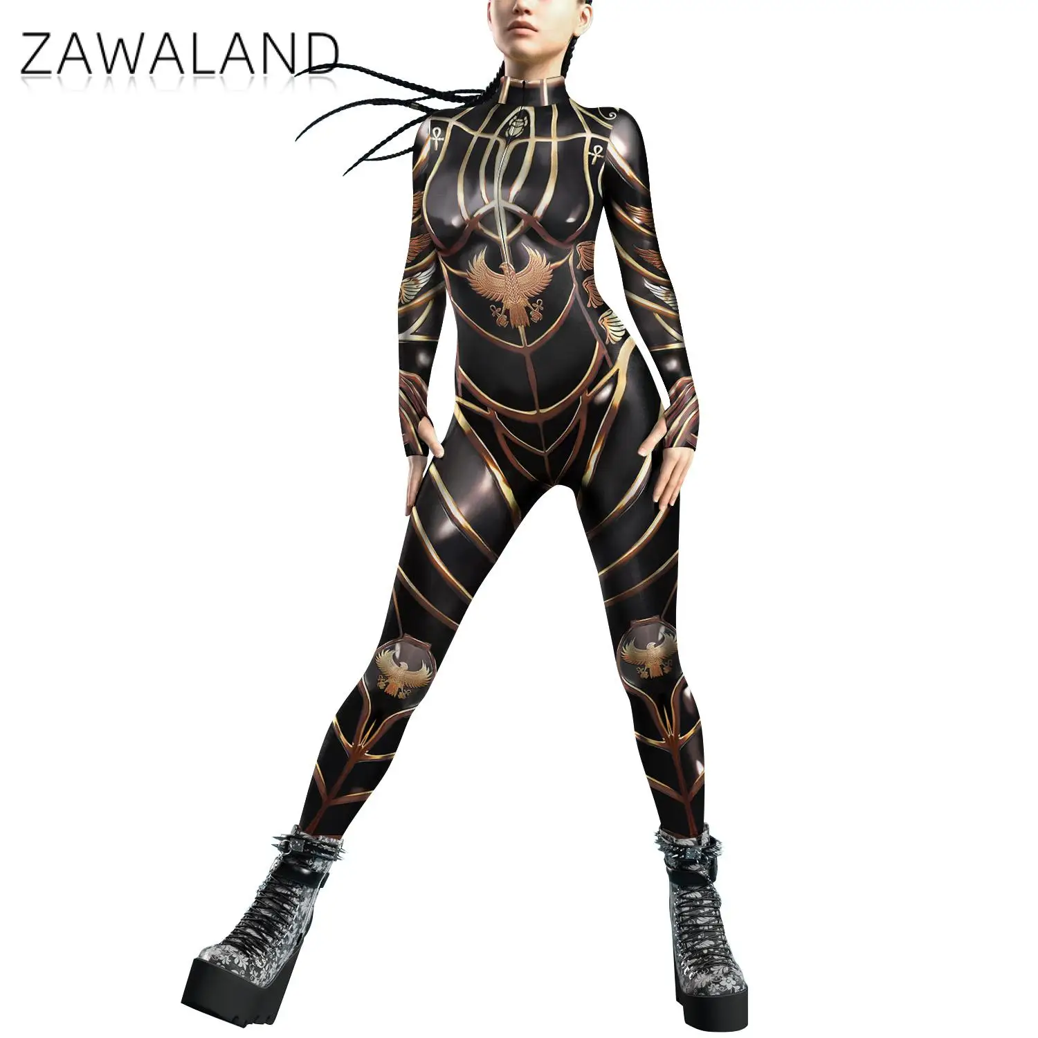 Zawaland Adult Women Bodysuit Printed Clothing Performance Holiday Party Cool Punk Robot Cosplay Costumes Female Jumpsuit