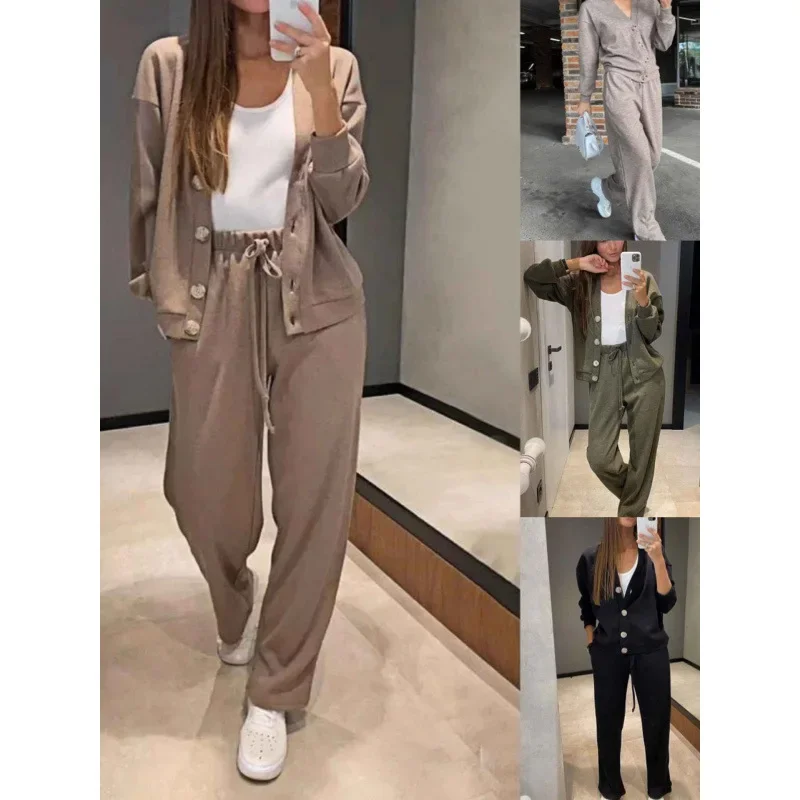 

Women Autumn Winter Trouser Set Pants Set Solid Color Button V Neck Lace-up Wide Leg Pants Casual Fashion Comfortable Regular