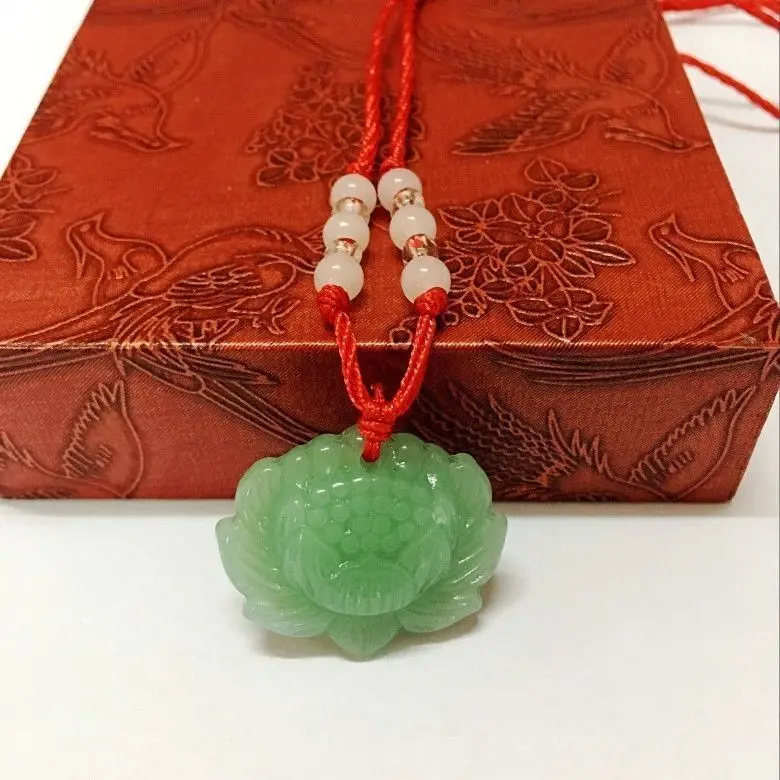 Natural Green Jade Lotus Pendant Necklace Fashion Lucky Charm & gift added