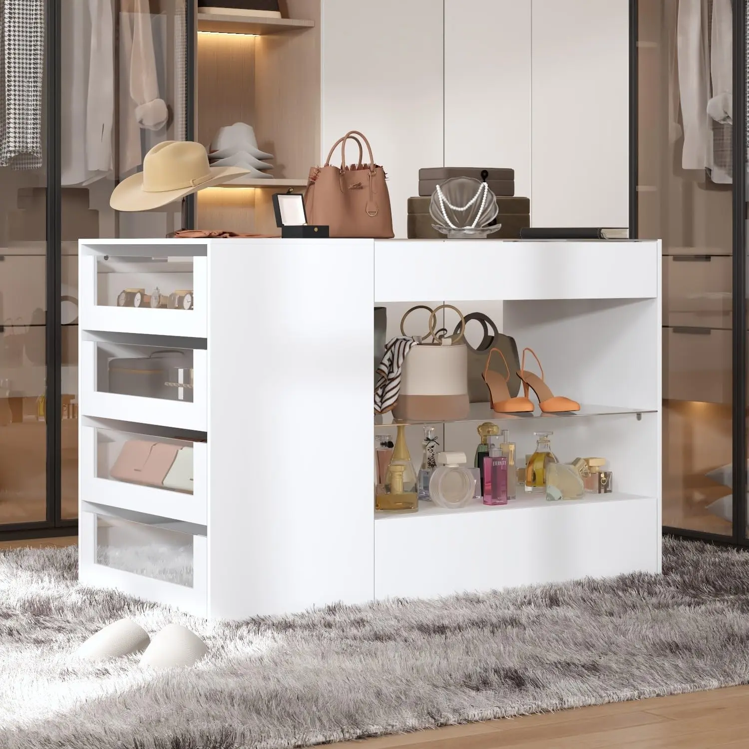 8-Drawer Glass Tabletop Island Wardrobe Closet with Jewelry Organizer Modern White Bedroom Dresser & Display Cabinet PB/Glass image 3