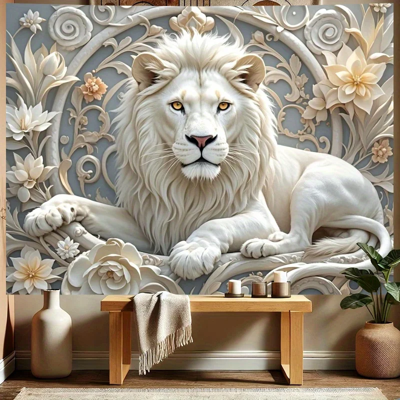 White Lion Tapestry  Elegant Floral Lion Wall Art for Living Room & Bedroom  Luxury Polyester Decor,Indoor/Outdoor Use,Easy Hang