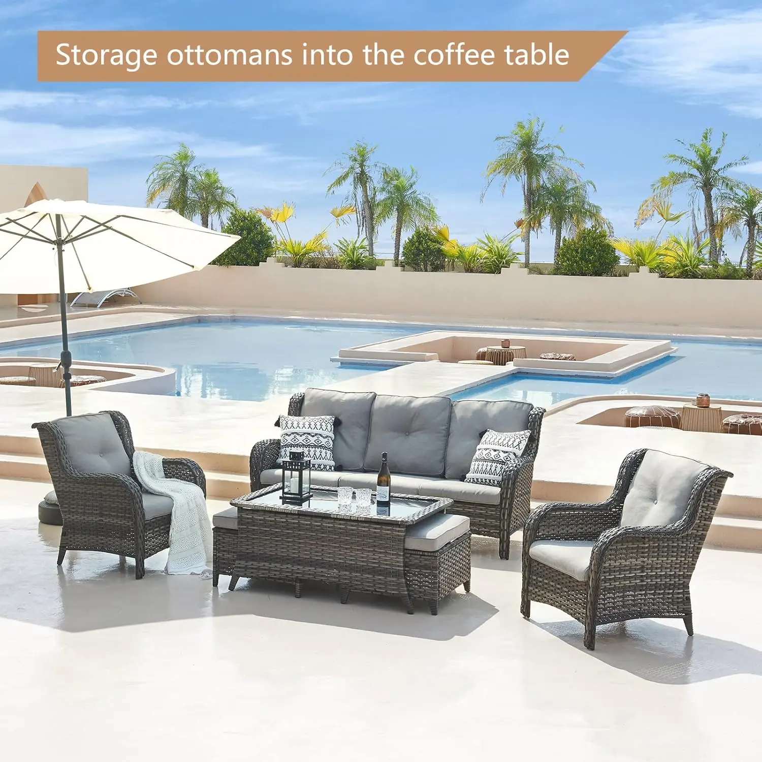 Outdoor Patio Wicker Móveis Set, Rattan secional Sofá Set, 3-Seat Couch,2 poltronas, 2 Footests Otomano, 6 PCs