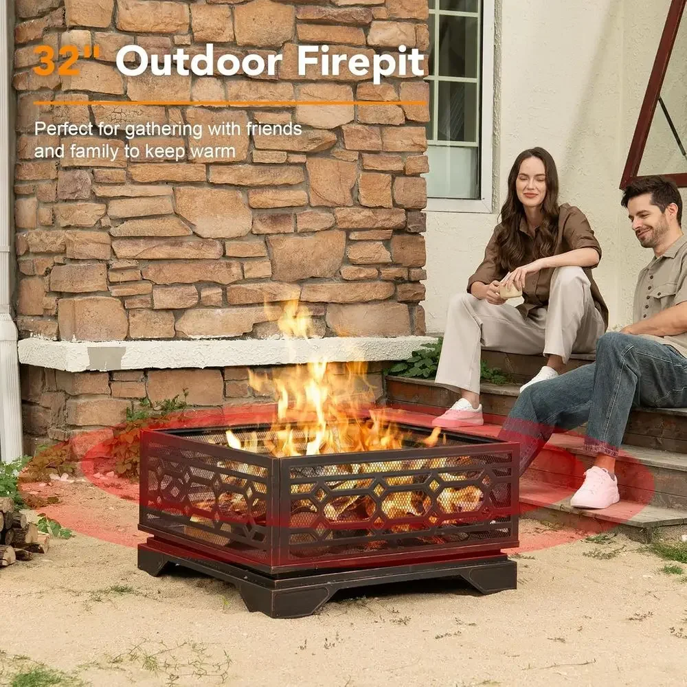 32 Inch Outdoor Wood-Burning Fire Pit with Mesh Cover and Fire Poker for Patio, Backyard, and Garden Gatherings