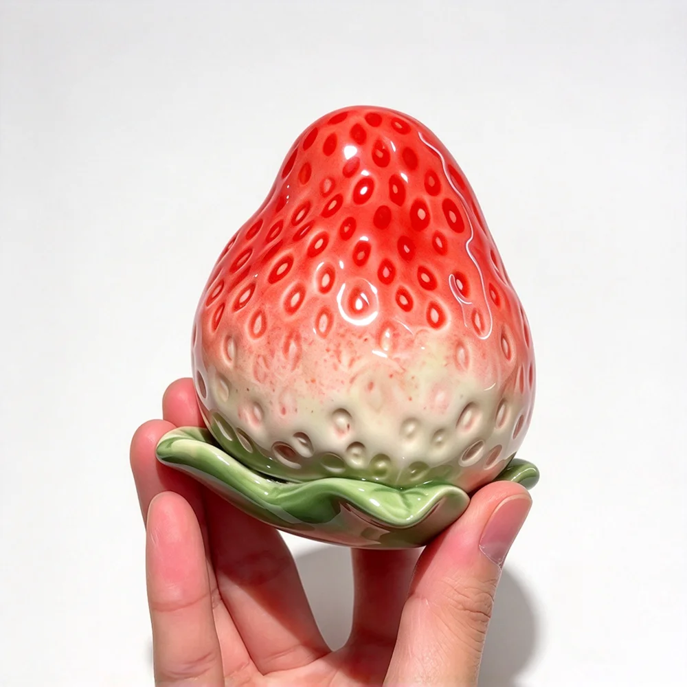 Strawberry Shaped Ceramic Ornament, Cute Fruit Style Tabletop Decor, Small Porcelain Sculpture for Home Office Shelf Decoration