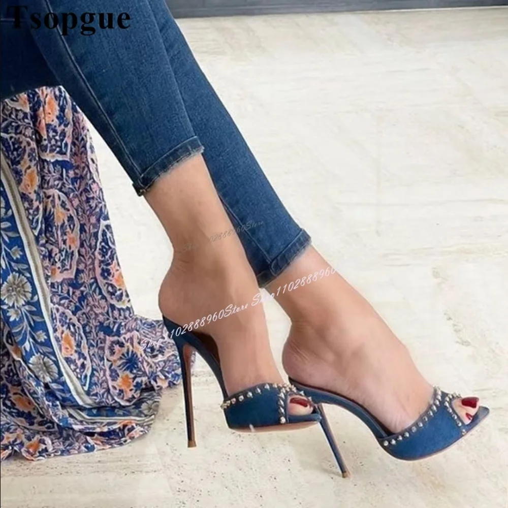 

Blue Denim Rivet Decor Pointy Slippers Cut Heel Stilettos High Heel Shoes For Women Slip On Peep Toe Casual Women Slippers